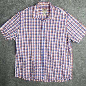 LL Bean Seersucker Shirt Size XL Plaid‎ Pink White Blue Short Sleeve Cotton